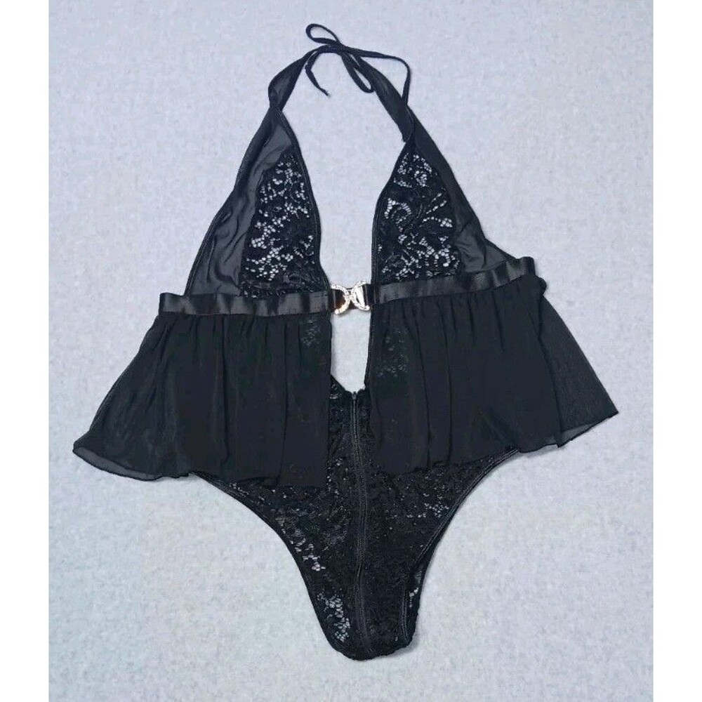 G World Intimates Lace Teddy Babydoll Halter Bodysuit OS Black Zip Crotch Sexy